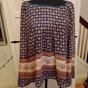 Elegant Women's Blue and Tan Patterned Blouse